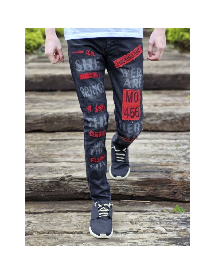 Czarne spodnie młodzieżowe jeans z nadrukami x-way 6022 sklep online