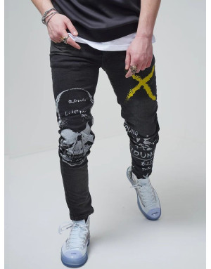 CZARNE SPODNIE MĘSKIE JEANS CZASZKA NADRUK SPEDBOY 78339