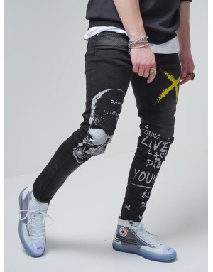 CZARNE SPODNIE MĘSKIE JEANS CZASZKA NADRUK SPEDBOY 78339