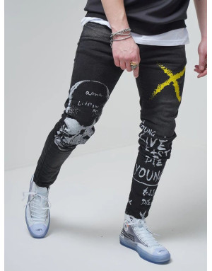 CZARNE SPODNIE MĘSKIE JEANS CZASZKA NADRUK SPEDBOY 78339