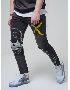 CZARNE SPODNIE MĘSKIE JEANS CZASZKA NADRUK SPEDBOY 78339