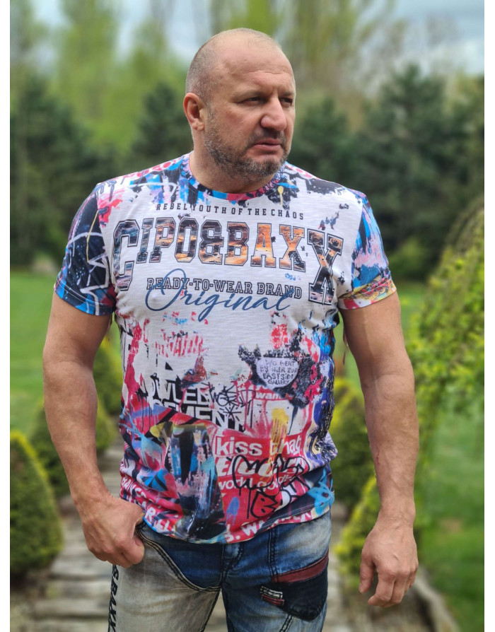 Biały t-shirt męski kolorowy nadruk cipo baxx ct623