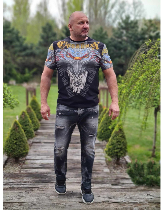 CZARNY T-SHIRT MĘSKI  NADRUK ORZEŁ DŻETY SPEDBOY CL488