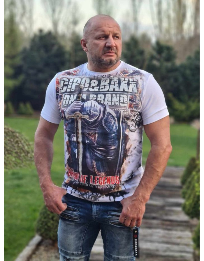 BIAŁY T-SHIRT MĘSKI BAWEŁNA NADRUK RYCERZ DŻETY SPEDBOY CL452