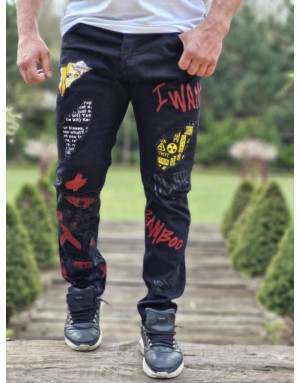 CZARNE SPODNIE JEANS MĘSKIE SLIM NADRUKI SPEDBOY  6055