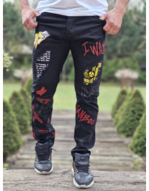 CZARNE SPODNIE JEANS MĘSKIE SLIM NADRUKI SPEDBOY  6055