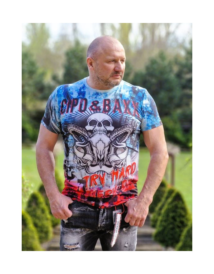 NIEBIESKI T-SHIRT MĘSKI Z CZASZKĄ SPEDBOY CL399