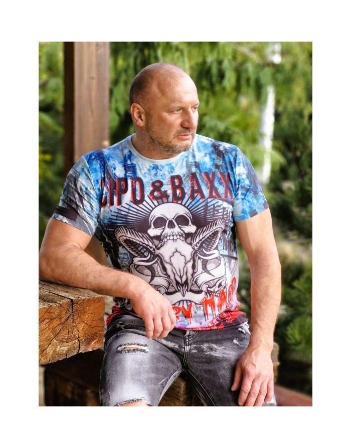 NIEBIESKI T-SHIRT MĘSKI Z CZASZKĄ SPEDBOY CL399