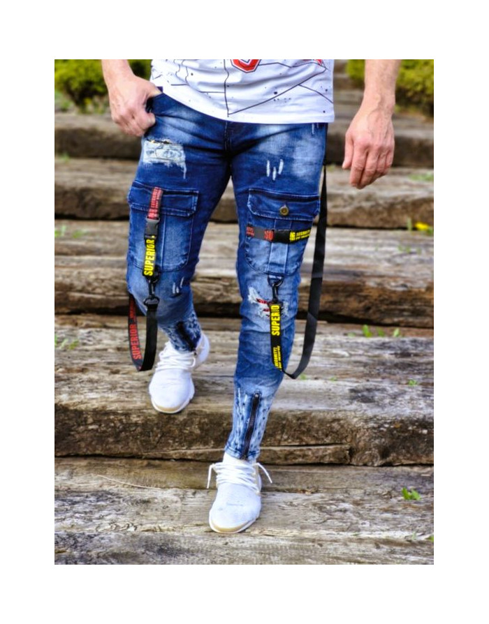 NIEBIESKIE SPODNIE MĘSKIE JEANS Z SZELKAMI SPEDBOY 9701