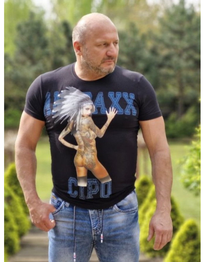 Czarny t-shirt męski z nadrukiem indianki cipo baxx ct129