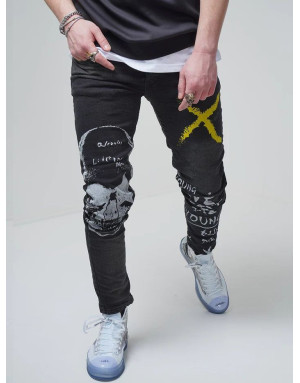 Czarne spodnie męskie jeans czaszka nadruk Spedboy 78339