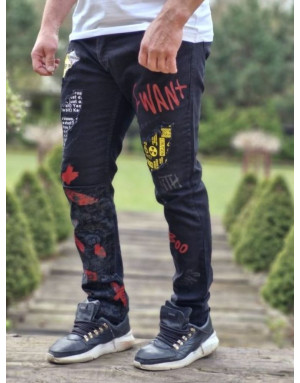 CZARNE SPODNIE JEANS MĘSKIE SLIM NADRUKI SPEDBOY  6055