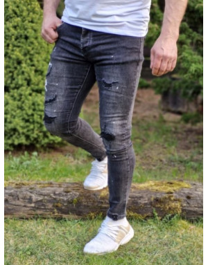 Czarne spodnie męskie jeans z dziurami adrexx 70056