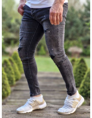 Czarne spodnie męskie jeans z dziurami adrexx 70056